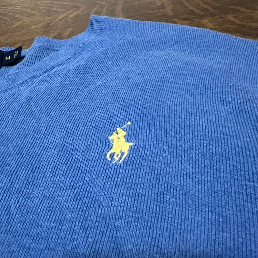 Polo Ralph Lauren Sweater Mens Medium Blue Pima Cotton V-Neck Pony Logo